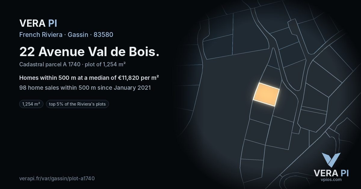 22 Avenue Val de Bois, Gassin at night – the plot lit, the parcels around coloured by the prices near them