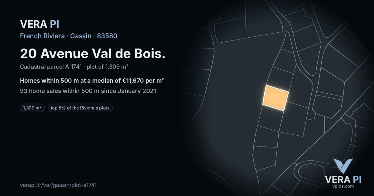 20 Avenue Val de Bois, Gassin at night – the plot lit, the parcels around coloured by the prices near them