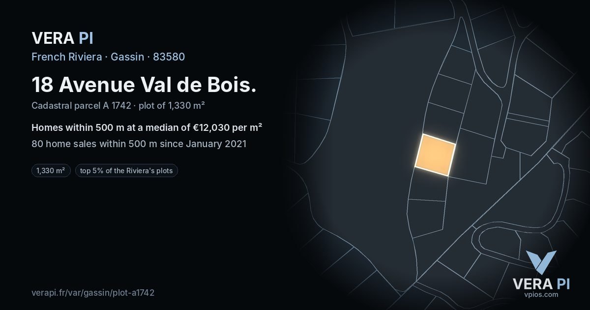 18 Avenue Val de Bois, Gassin at night – the plot lit, the parcels around coloured by the prices near them