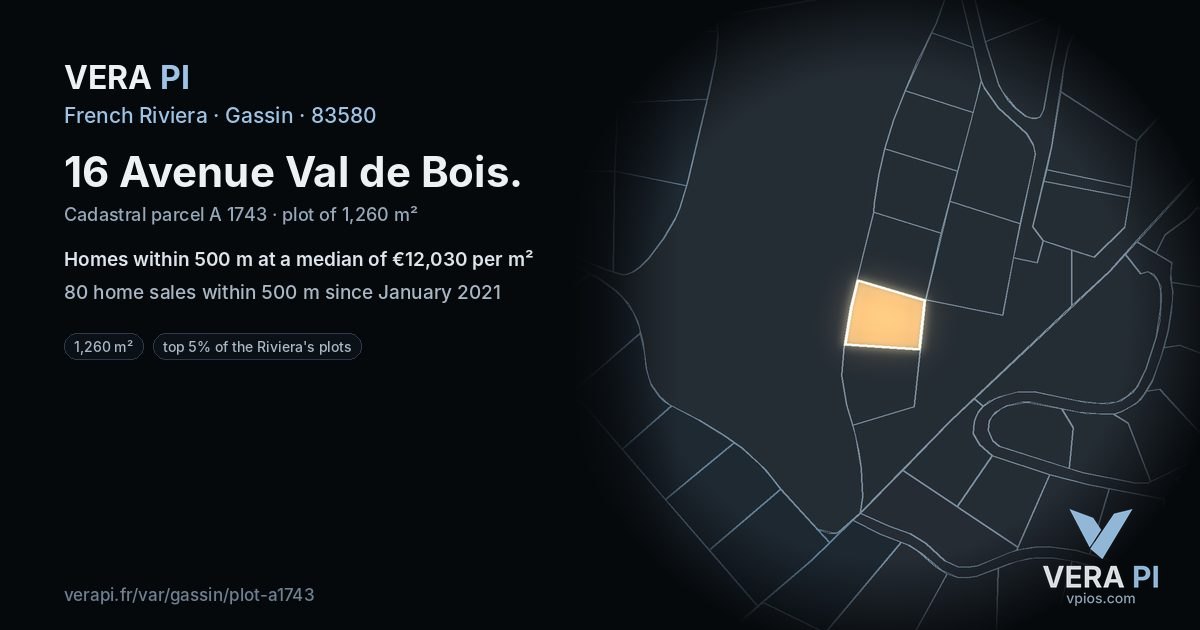 16 Avenue Val de Bois, Gassin at night – the plot lit, the parcels around coloured by the prices near them