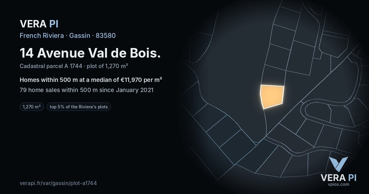14 Avenue Val de Bois, Gassin at night – the plot lit, the parcels around coloured by the prices near them