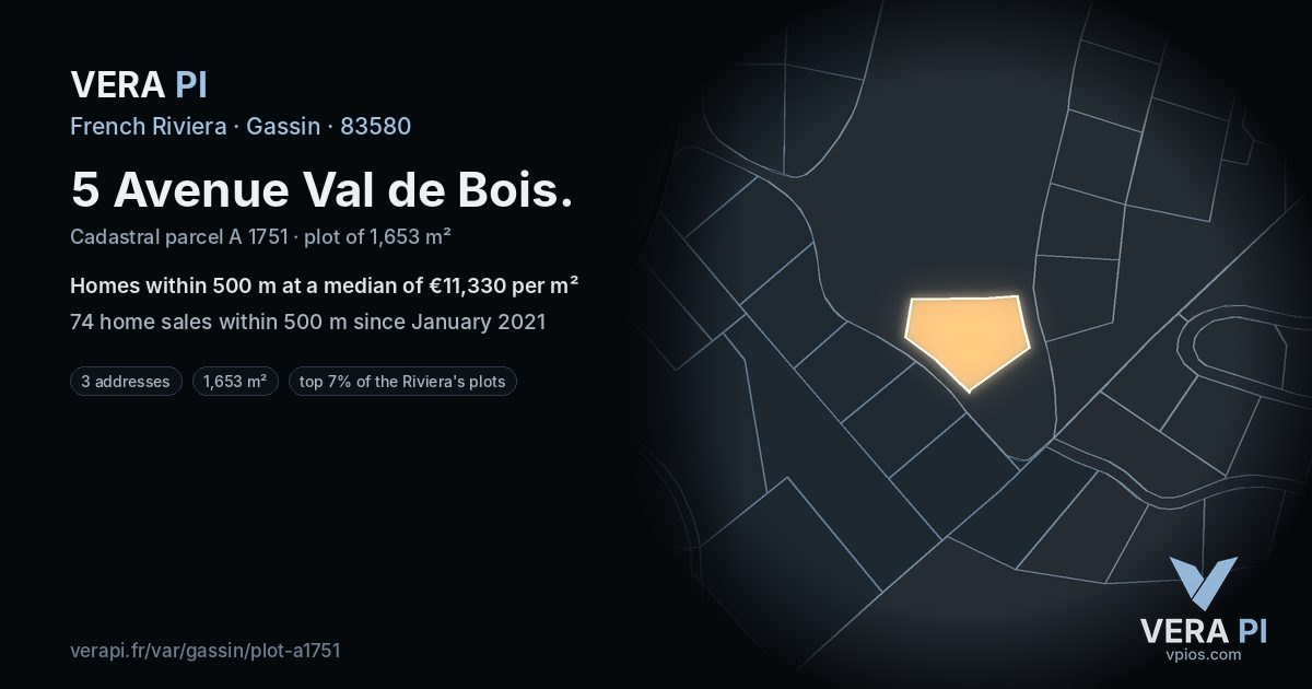 5 Avenue Val de Bois, Gassin at night – the plot lit, the parcels around coloured by the prices near them