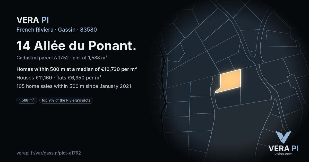 14 Allée du Ponant, Gassin at night – the plot lit, the parcels around coloured by the prices near them