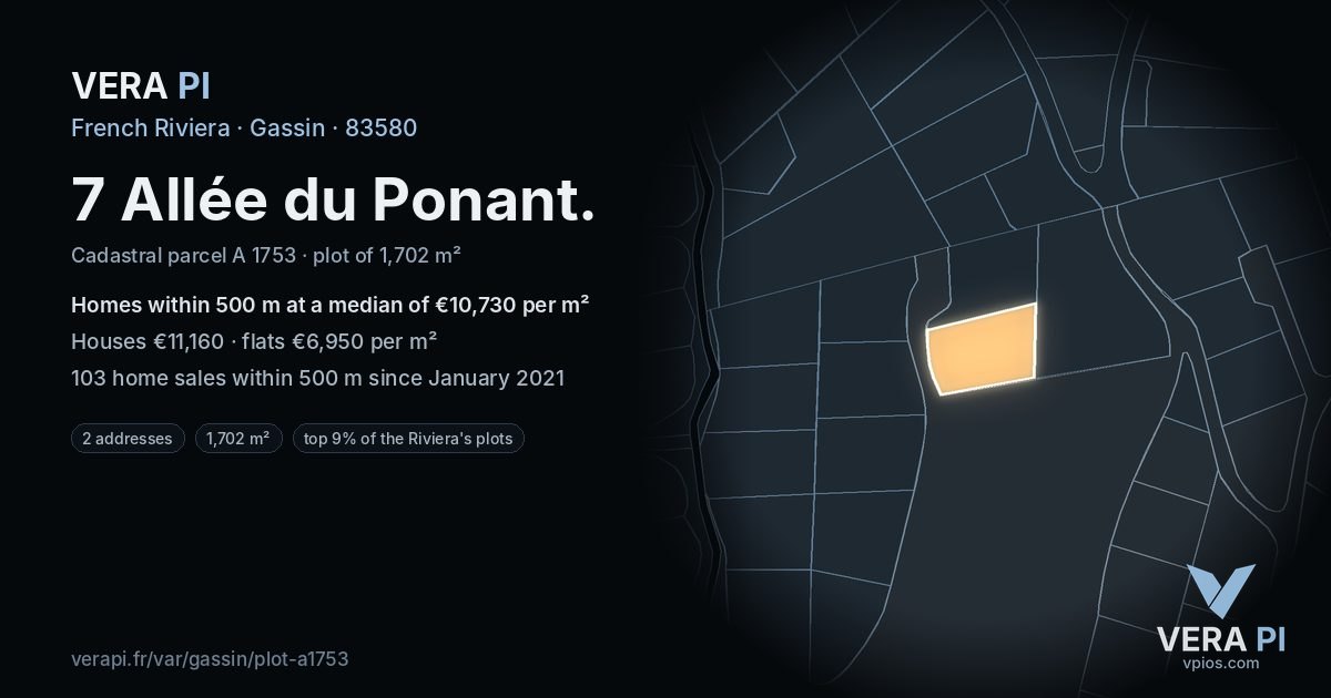 7 Allée du Ponant, Gassin at night – the plot lit, the parcels around coloured by the prices near them