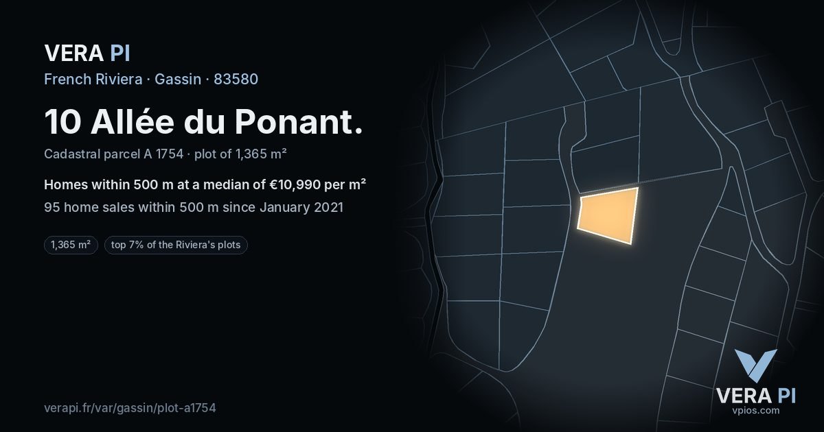 10 Allée du Ponant, Gassin at night – the plot lit, the parcels around coloured by the prices near them