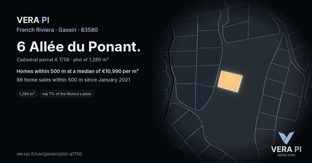 6 Allée du Ponant, Gassin at night – the plot lit, the parcels around coloured by the prices near them