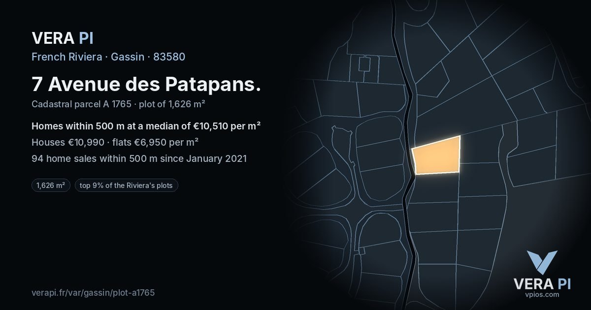 7 Avenue des Patapans, Gassin at night – the plot lit, the parcels around coloured by the prices near them