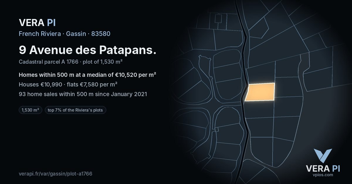 9 Avenue des Patapans, Gassin at night – the plot lit, the parcels around coloured by the prices near them