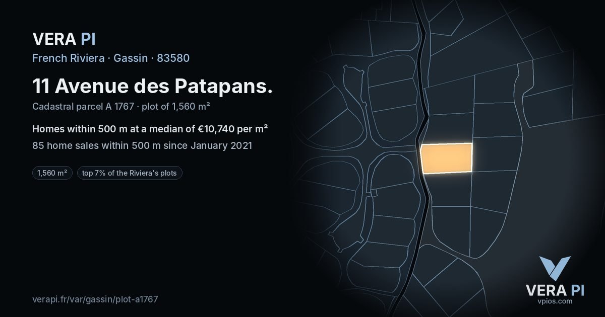 11 Avenue des Patapans, Gassin at night – the plot lit, the parcels around coloured by the prices near them