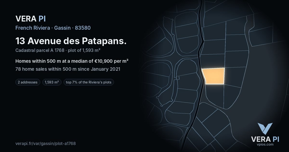 13 Avenue des Patapans, Gassin at night – the plot lit, the parcels around coloured by the prices near them