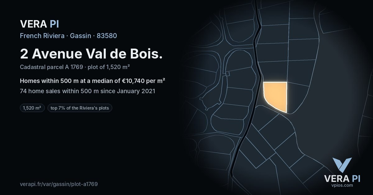 2 Avenue Val de Bois, Gassin at night – the plot lit, the parcels around coloured by the prices near them