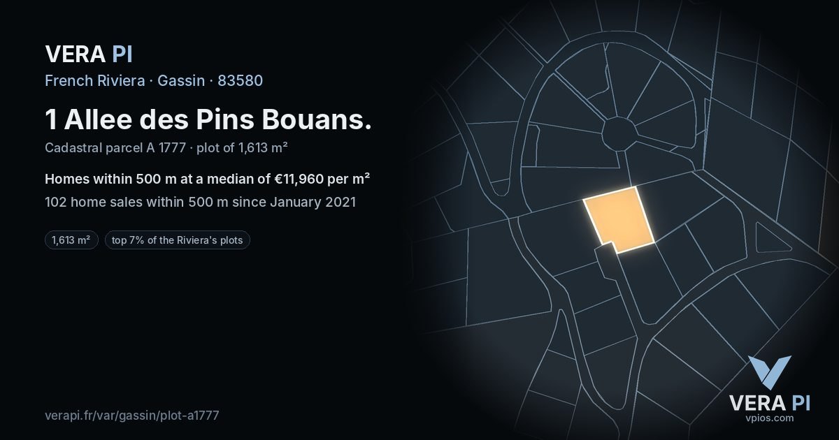 1 Allee des Pins Bouans, Gassin at night – the plot lit, the parcels around coloured by the prices near them