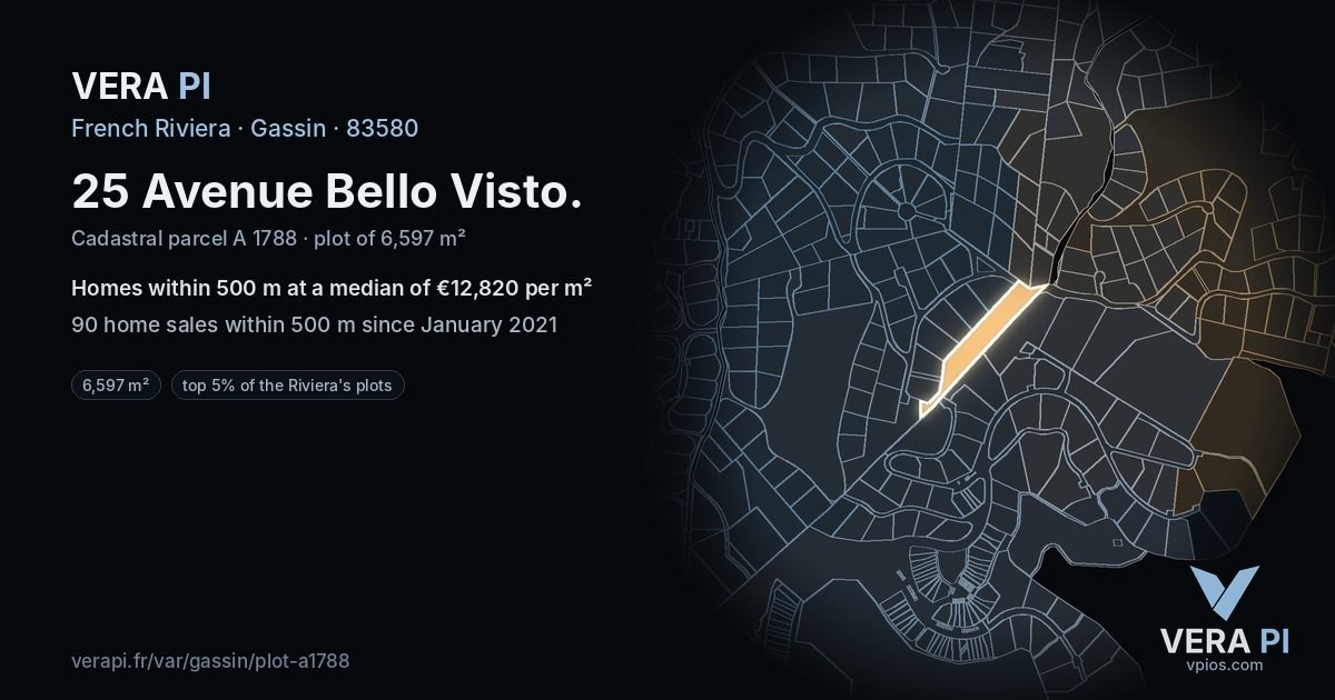25 Avenue Bello Visto, Gassin at night – the plot lit, the parcels around coloured by the prices near them
