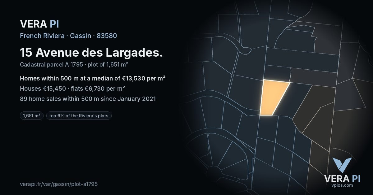 15 Avenue des Largades, Gassin at night – the plot lit, the parcels around coloured by the prices near them