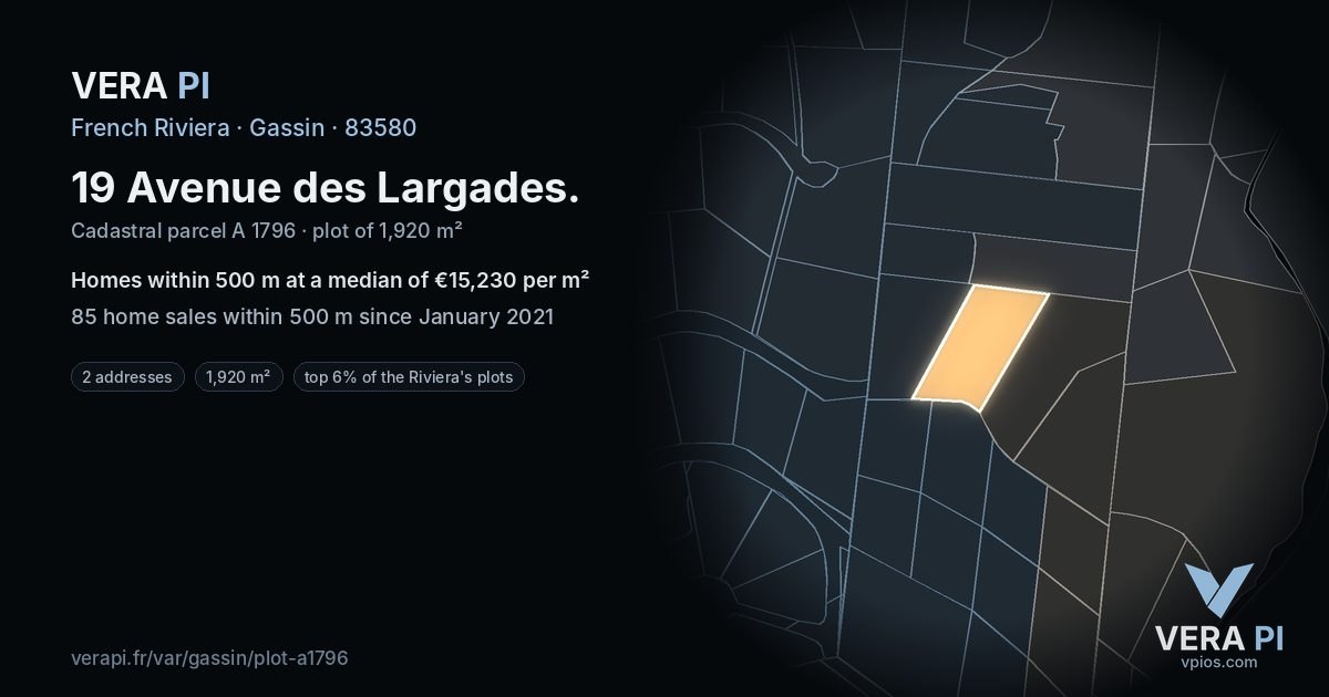 19 Avenue des Largades, Gassin at night – the plot lit, the parcels around coloured by the prices near them