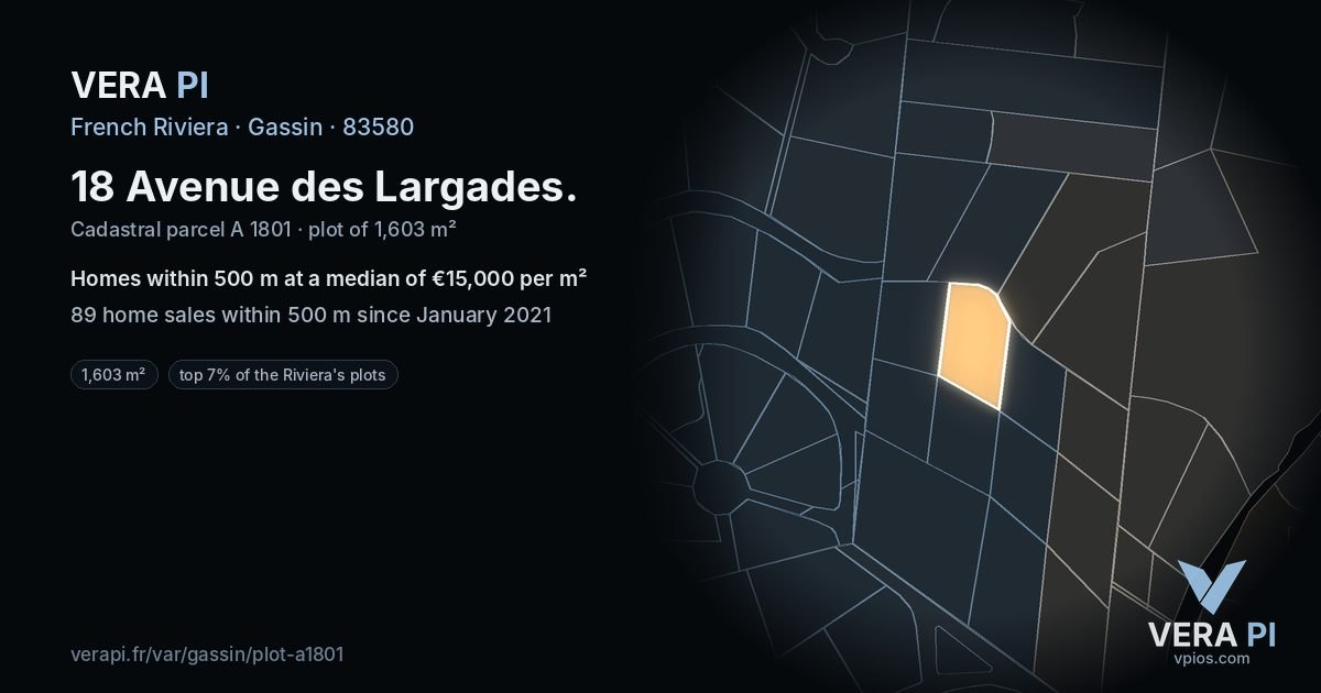 18 Avenue des Largades, Gassin at night – the plot lit, the parcels around coloured by the prices near them