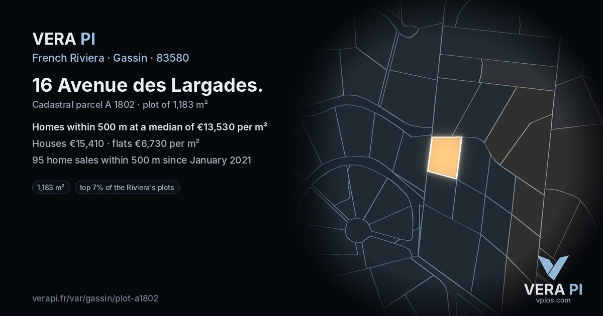 16 Avenue des Largades, Gassin at night – the plot lit, the parcels around coloured by the prices near them