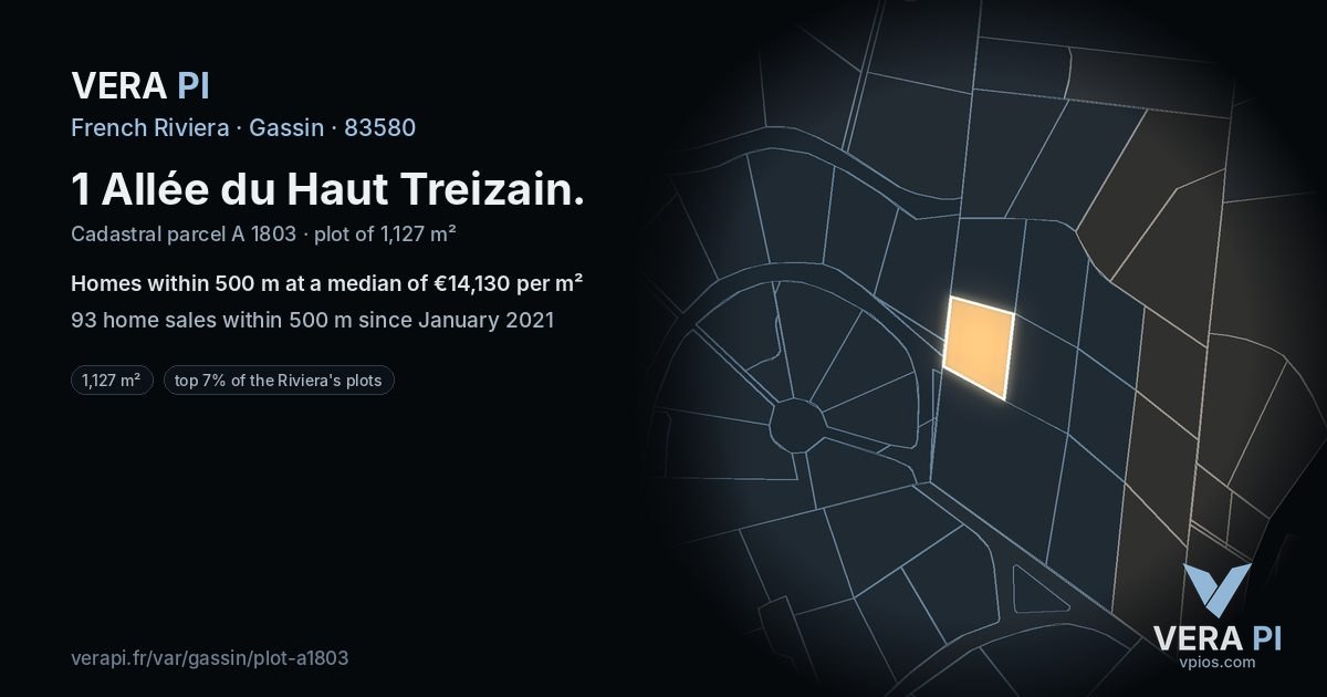 1 Allée du Haut Treizain, Gassin at night – the plot lit, the parcels around coloured by the prices near them