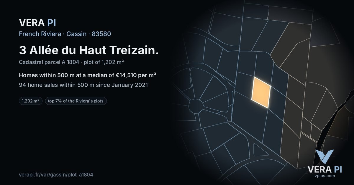 3 Allée du Haut Treizain, Gassin at night – the plot lit, the parcels around coloured by the prices near them