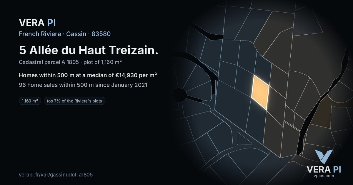 5 Allée du Haut Treizain, Gassin at night – the plot lit, the parcels around coloured by the prices near them