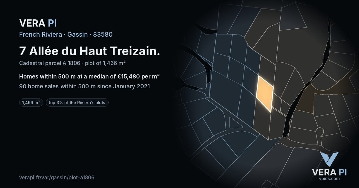 7 Allée du Haut Treizain, Gassin at night – the plot lit, the parcels around coloured by the prices near them