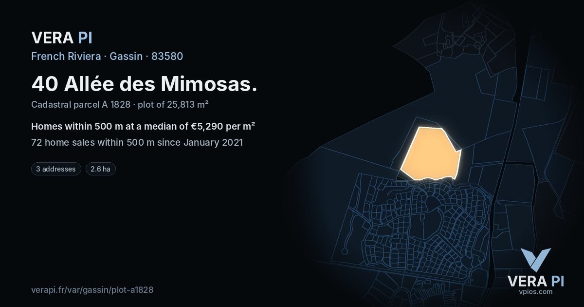 40 Allée des Mimosas, Gassin at night – the plot lit, the parcels around coloured by the prices near them