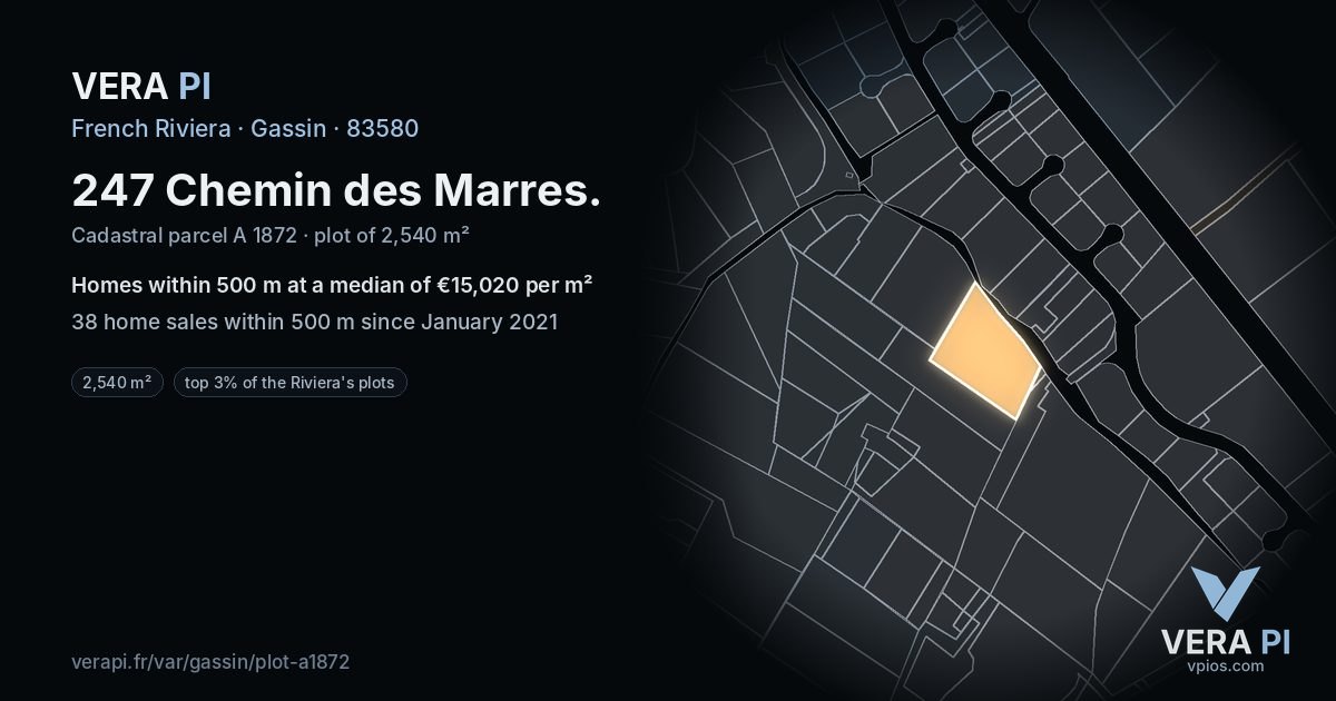 247 Chemin des Marres, Gassin at night – the plot lit, the parcels around coloured by the prices near them