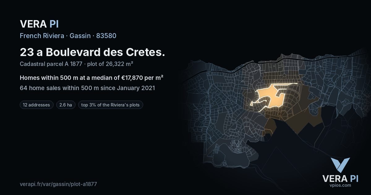 23 a Boulevard des Cretes, Gassin at night – the plot lit, the parcels around coloured by the prices near them