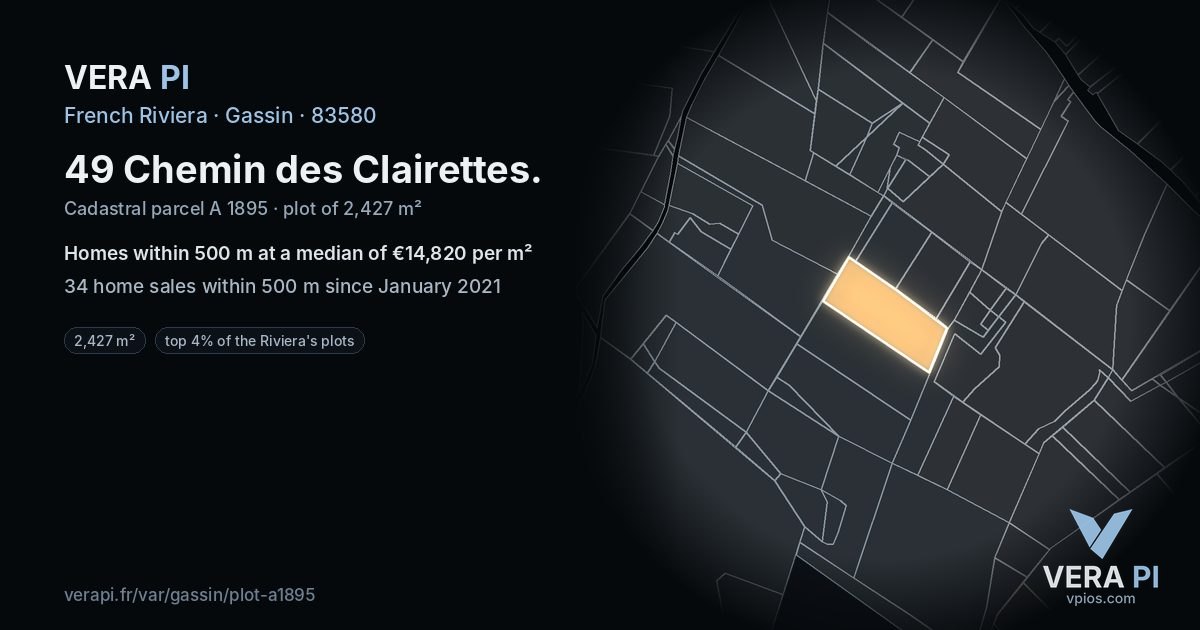 49 Chemin des Clairettes, Gassin at night – the plot lit, the parcels around coloured by the prices near them