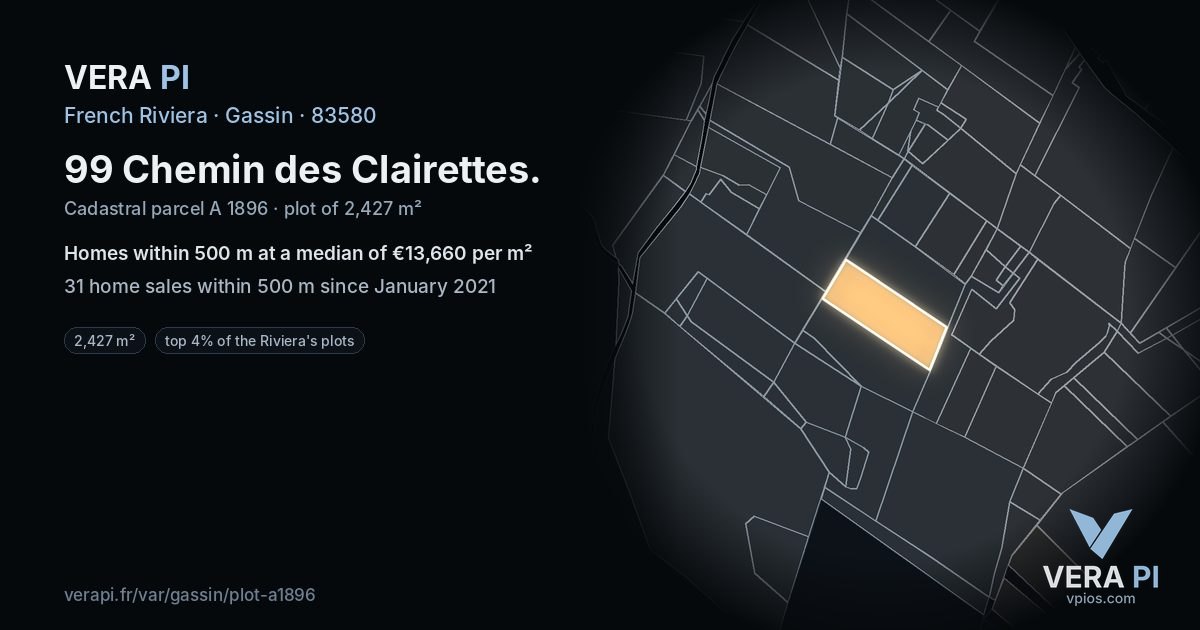 99 Chemin des Clairettes, Gassin at night – the plot lit, the parcels around coloured by the prices near them