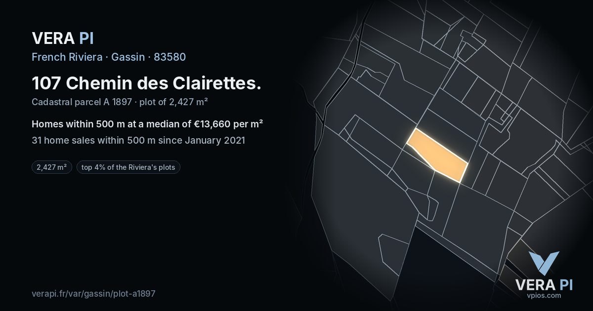 107 Chemin des Clairettes, Gassin at night – the plot lit, the parcels around coloured by the prices near them