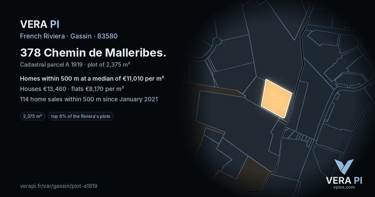 378 Chemin de Malleribes, Gassin at night – the plot lit, the parcels around coloured by the prices near them