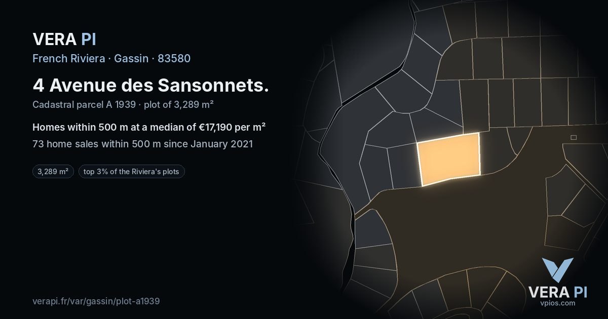 4 Avenue des Sansonnets, Gassin at night – the plot lit, the parcels around coloured by the prices near them