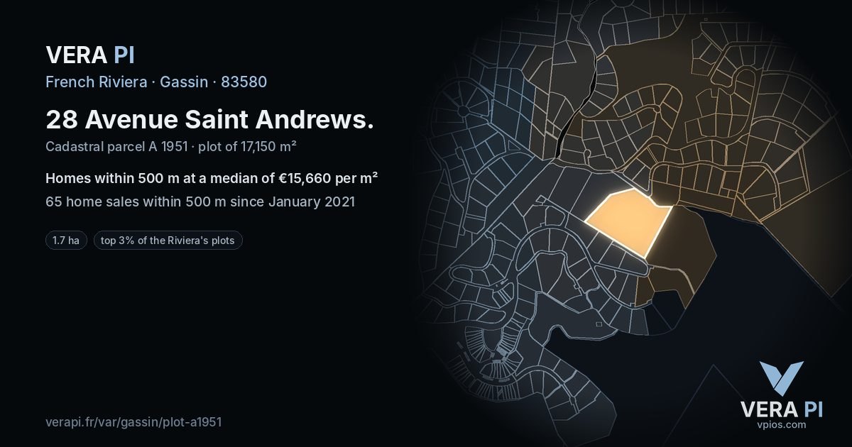 28 Avenue Saint Andrews, Gassin at night – the plot lit, the parcels around coloured by the prices near them