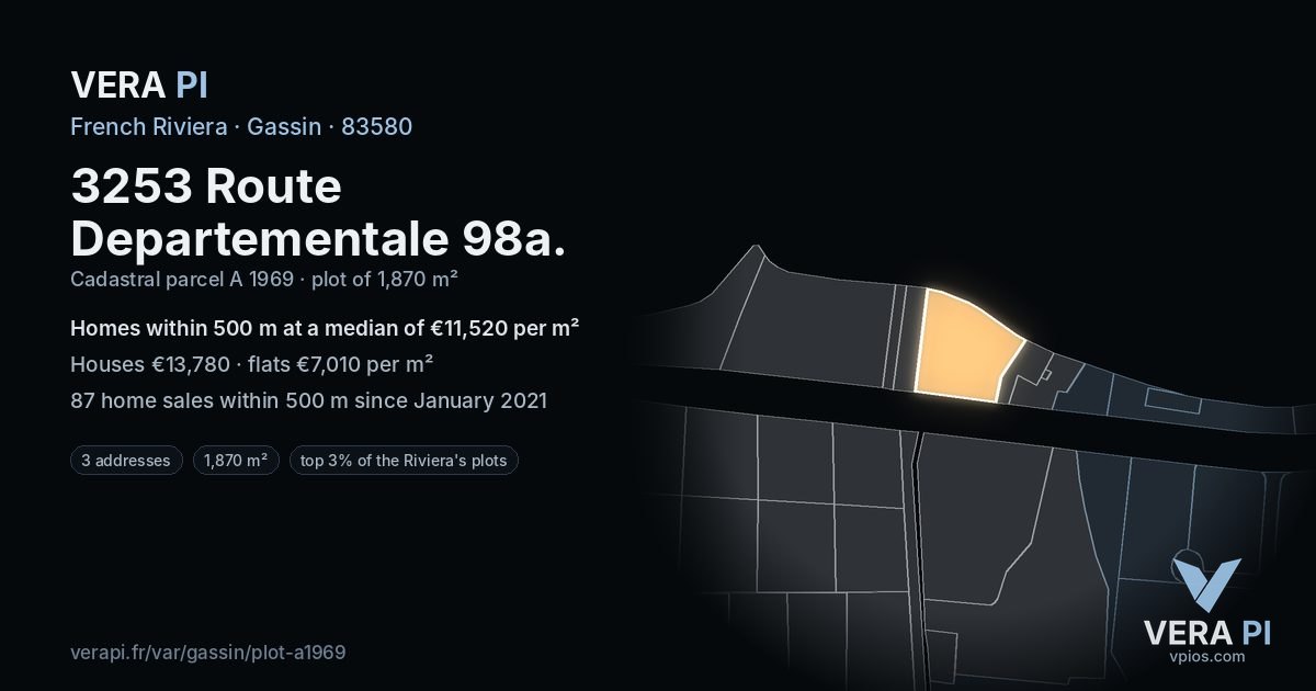 3253 Route Departementale 98a, Gassin at night – the plot lit, the parcels around coloured by the prices near them