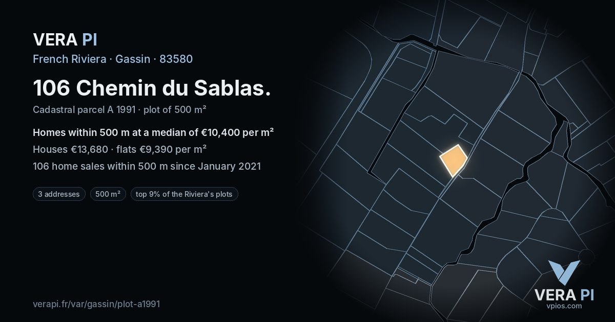 106 Chemin du Sablas, Gassin at night – the plot lit, the parcels around coloured by the prices near them