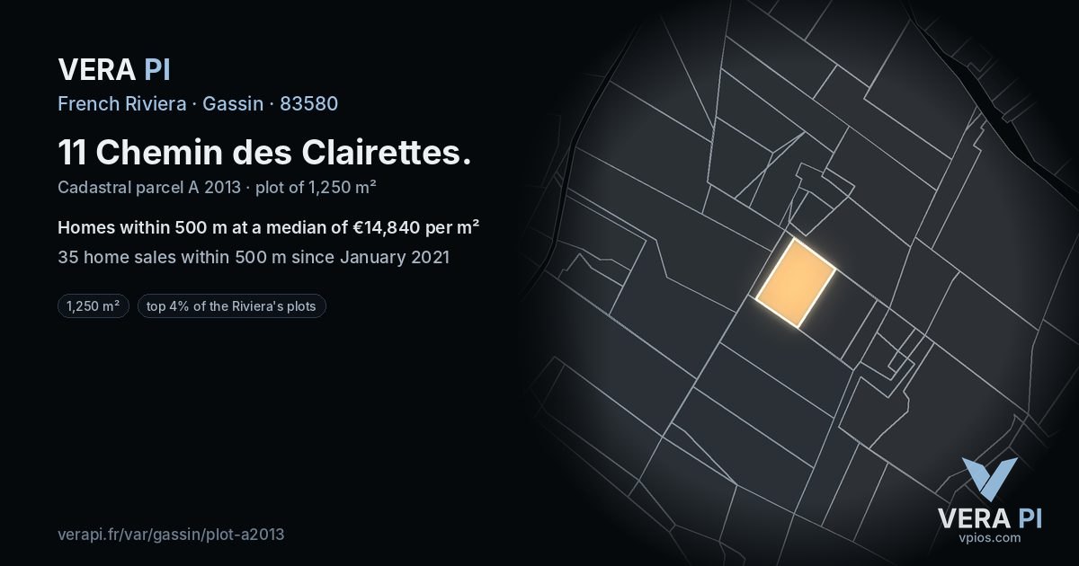 11 Chemin des Clairettes, Gassin at night – the plot lit, the parcels around coloured by the prices near them