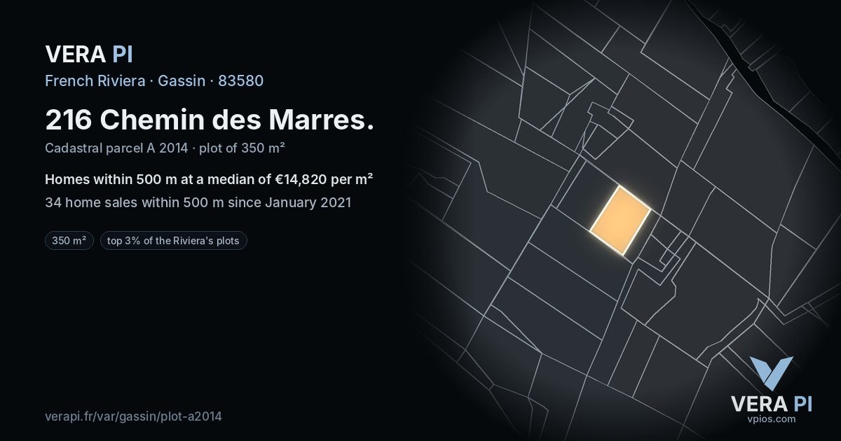 216 Chemin des Marres, Gassin at night – the plot lit, the parcels around coloured by the prices near them