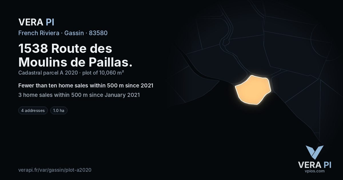 1538 Route des Moulins de Paillas, Gassin at night – the plot lit, the parcels around coloured by the prices near them