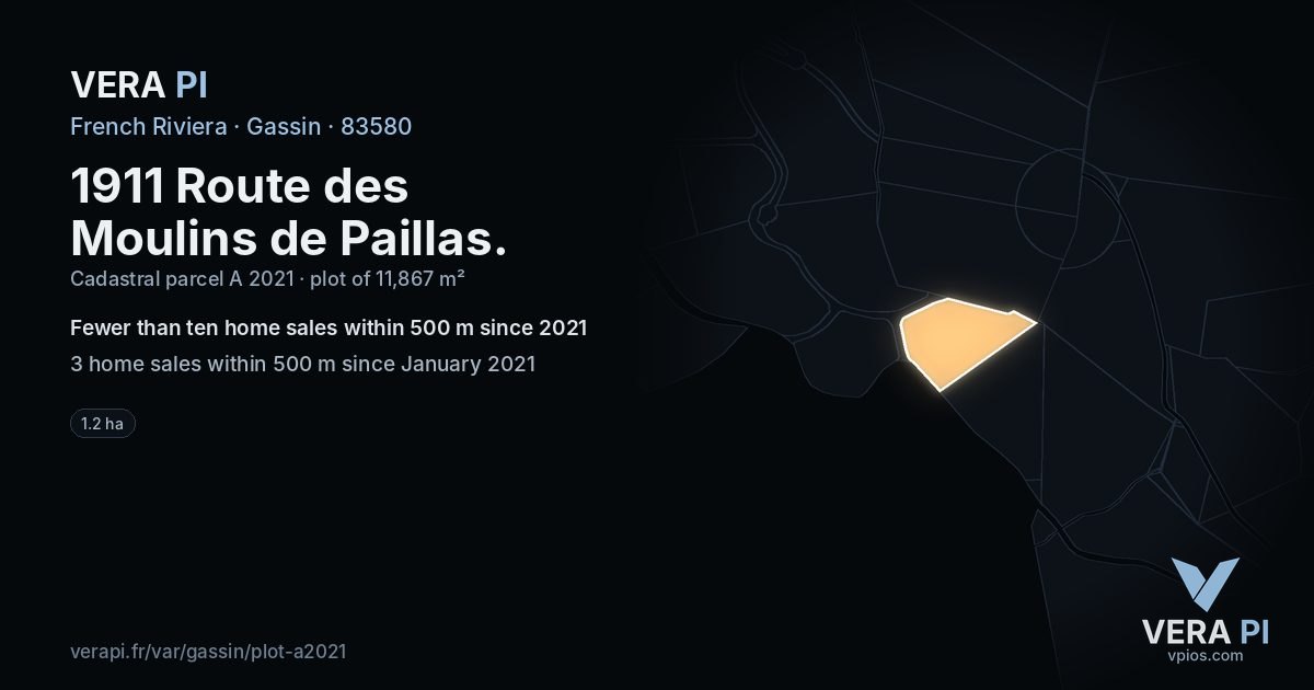 1911 Route des Moulins de Paillas, Gassin at night – the plot lit, the parcels around coloured by the prices near them