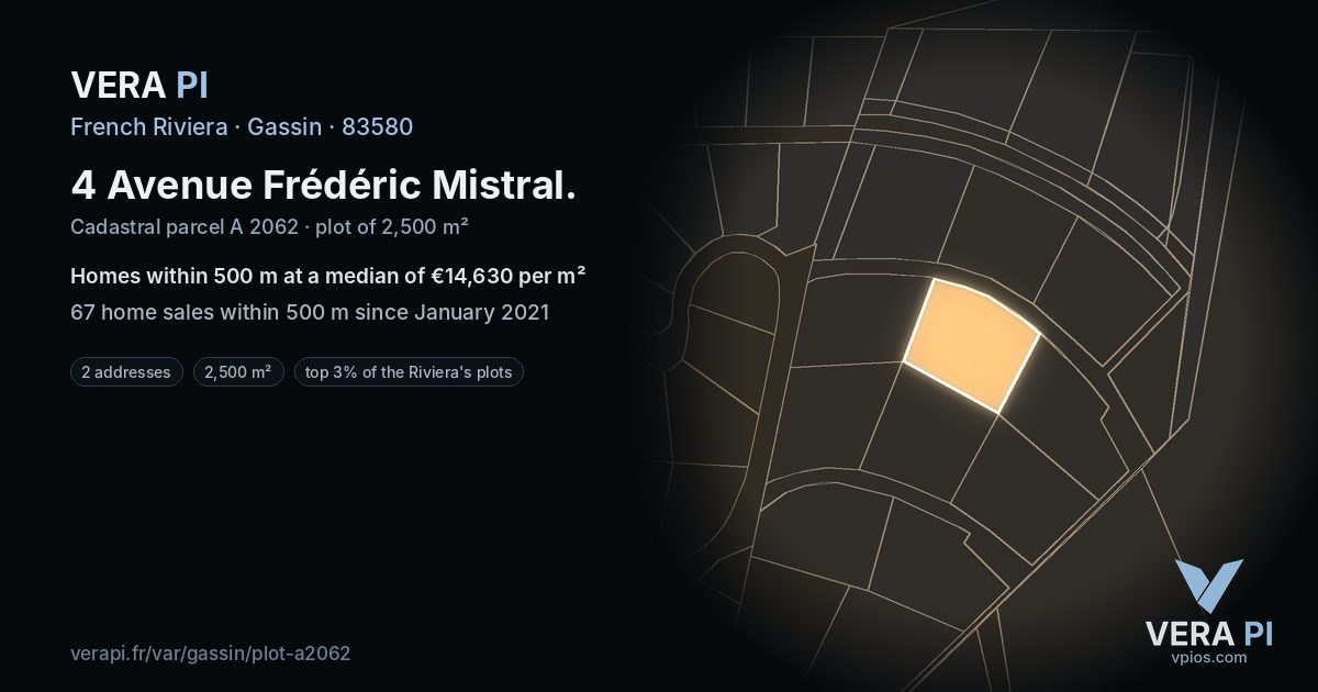 4 Avenue Frédéric Mistral, Gassin at night – the plot lit, the parcels around coloured by the prices near them