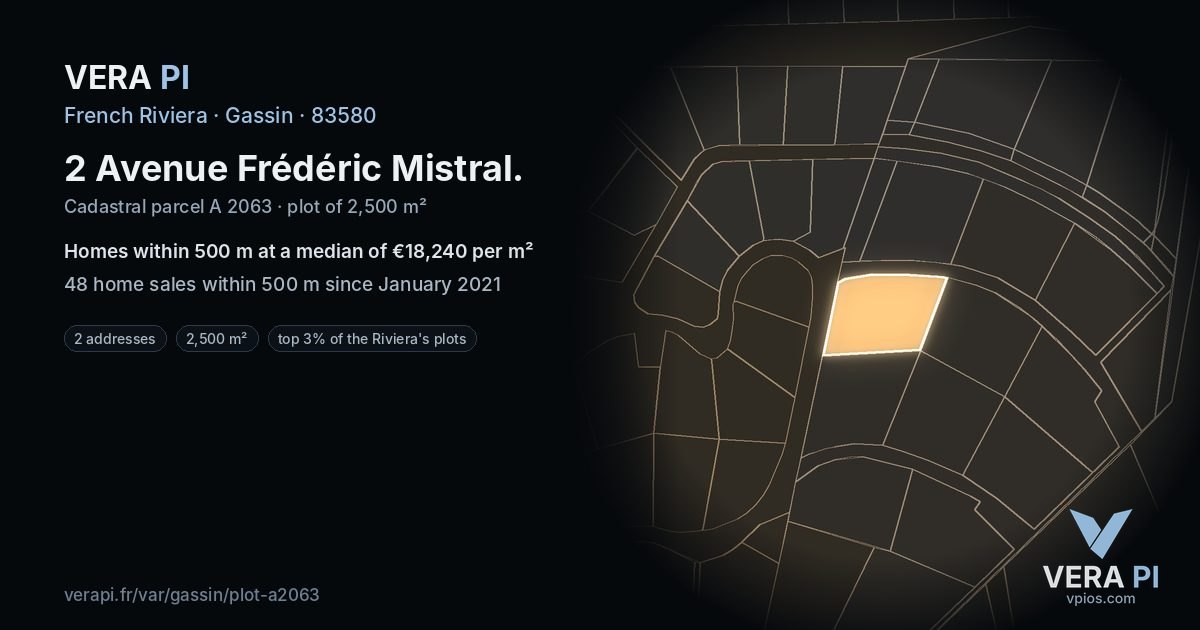 2 Avenue Frédéric Mistral, Gassin at night – the plot lit, the parcels around coloured by the prices near them