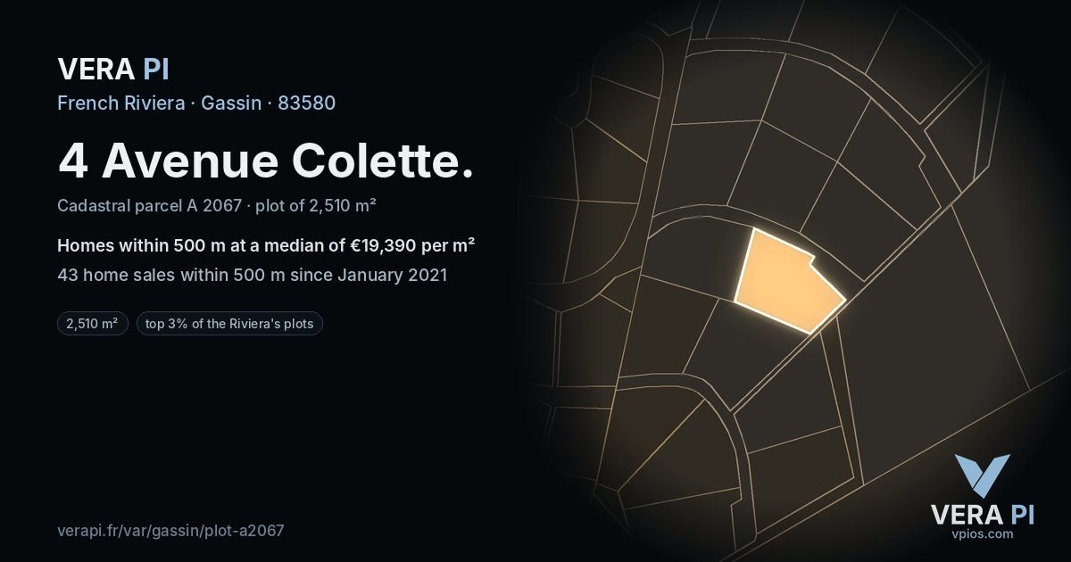 4 Avenue Colette, Gassin at night – the plot lit, the parcels around coloured by the prices near them