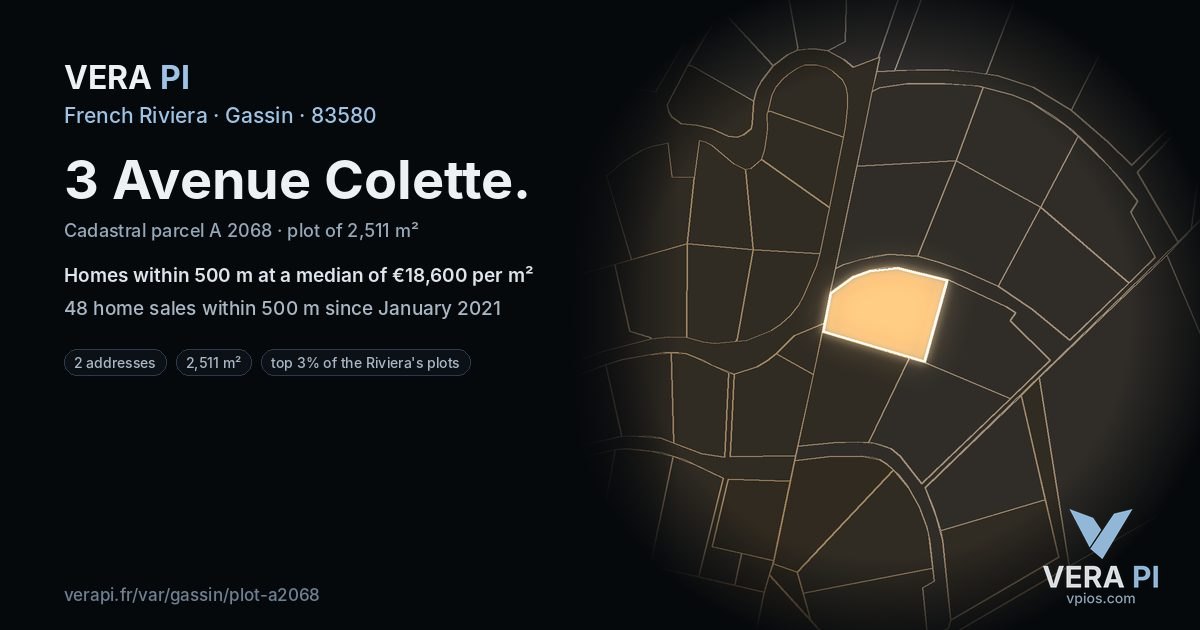 3 Avenue Colette, Gassin at night – the plot lit, the parcels around coloured by the prices near them
