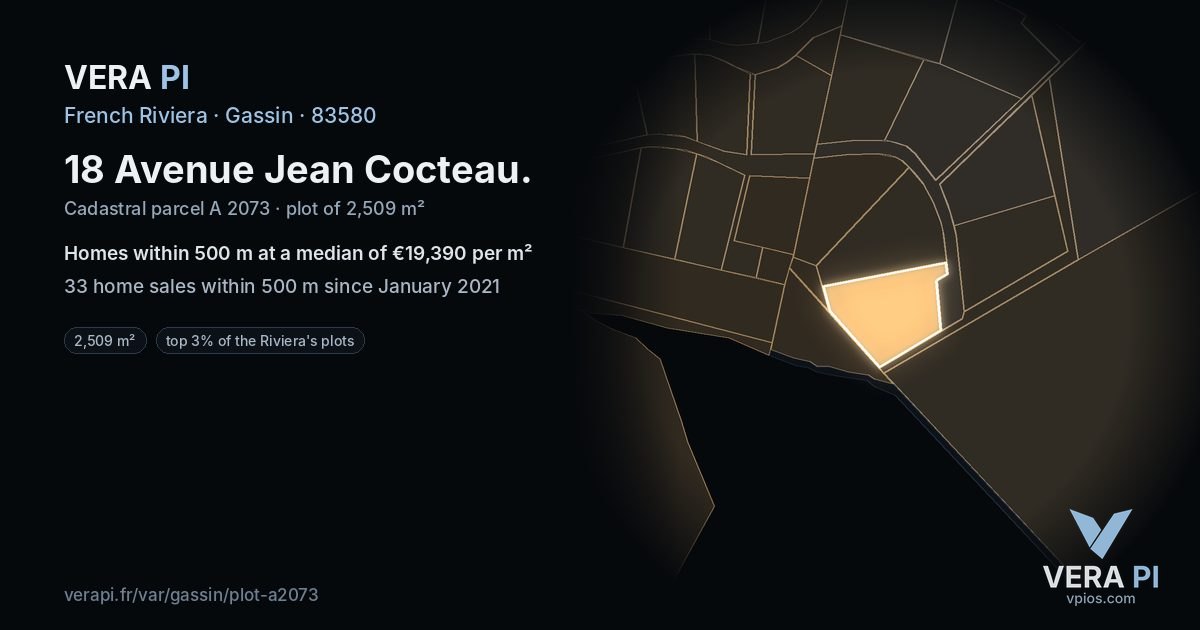 18 Avenue Jean Cocteau, Gassin at night – the plot lit, the parcels around coloured by the prices near them