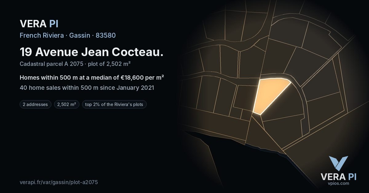 19 Avenue Jean Cocteau, Gassin at night – the plot lit, the parcels around coloured by the prices near them