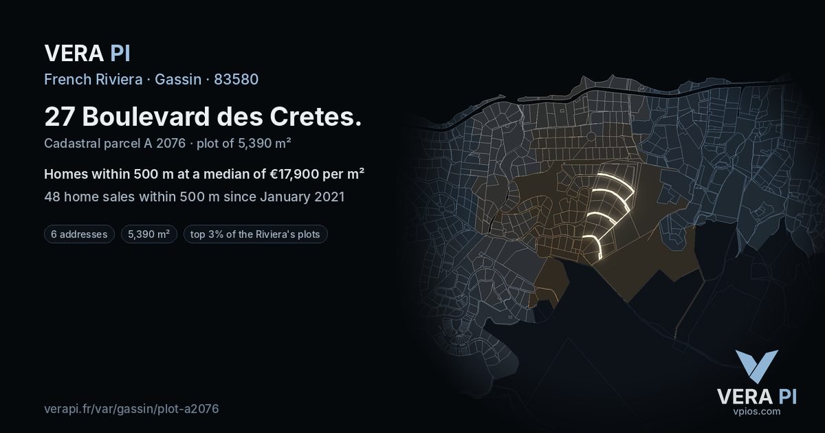 27 Boulevard des Cretes, Gassin at night – the plot lit, the parcels around coloured by the prices near them