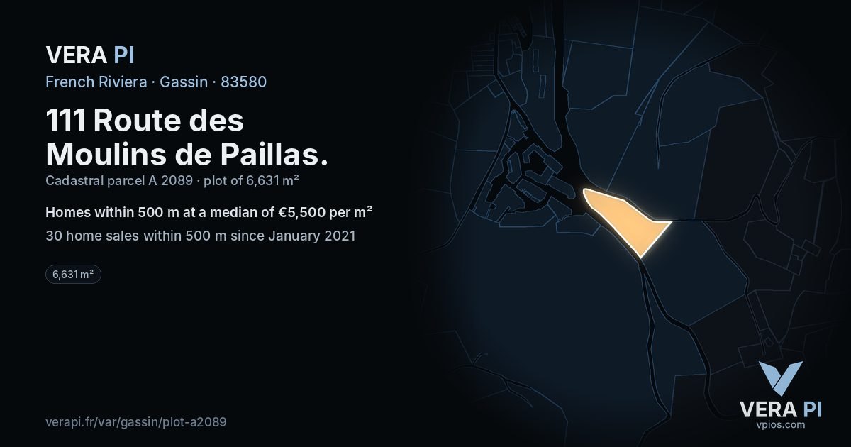 111 Route des Moulins de Paillas, Gassin at night – the plot lit, the parcels around coloured by the prices near them