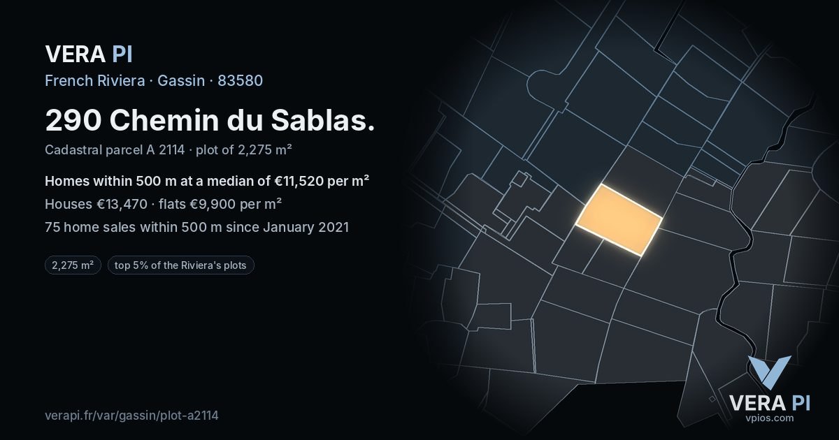 290 Chemin du Sablas, Gassin at night – the plot lit, the parcels around coloured by the prices near them