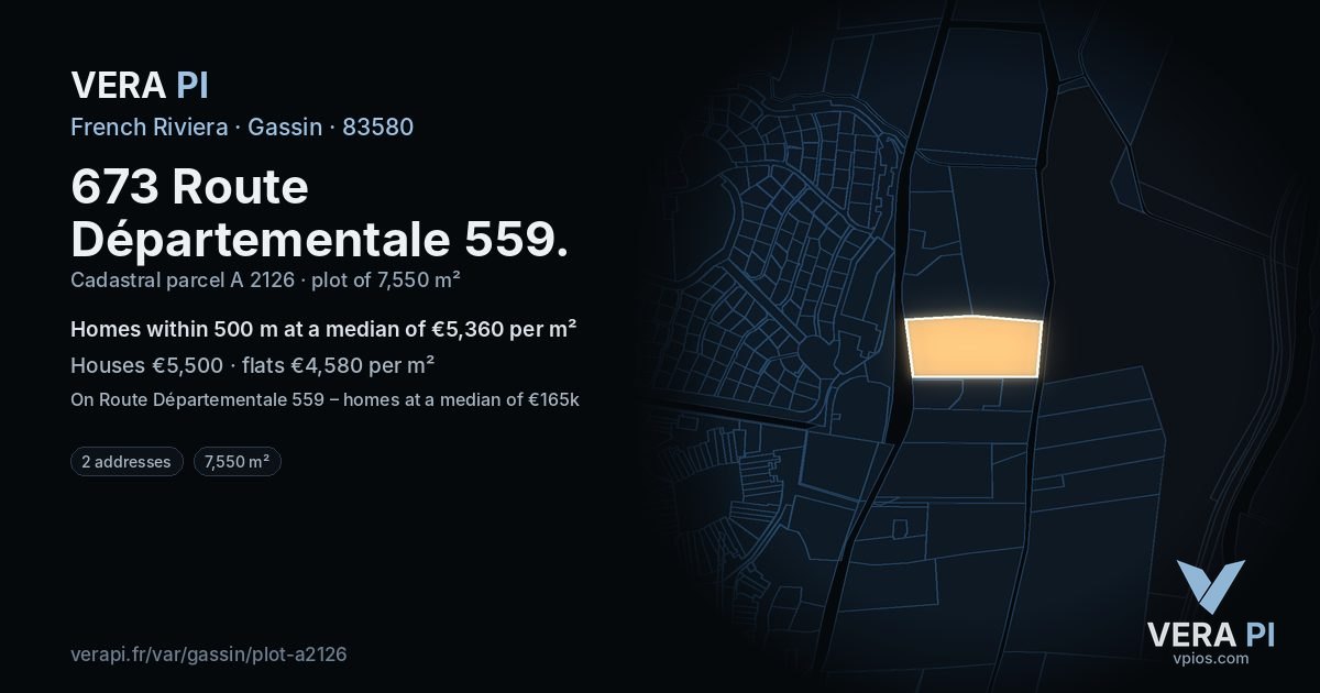 673 Route Départementale 559, Gassin at night – the plot lit, the parcels around coloured by the prices near them
